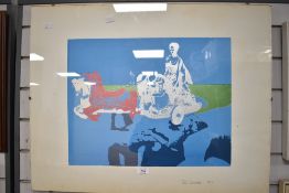 After John Edwards? (British 20th century) a surreal print depicting roman chariot being pulled by