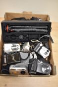 Five Digital cameras and a boxed tripod. Including Lumix, Sony, Olympus, Canon, Rhein and a Lamcou