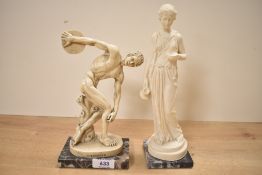 Two A Santini resin figures depicting 'Discobolo' and 'Maiden', measuring 22cm and 25cm tall, both