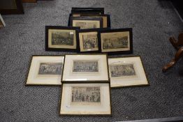 A selection of framed hand coloured etchings.