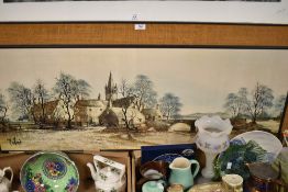 After Ronald Folland (British 1932-1999) A quaint village scene featuring cottages, church and