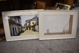 Pair of contemporary Indian prints, the first a street scene with bikes, the second the roof of a