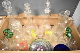 A collection of assorted glass ware including decanters, a set of kitch 1960/70s liqueur glasses