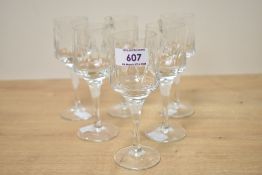 A set of six 20th-century Metropolitan Crystal Glassworks (MCG) liqueur glasses, featuring