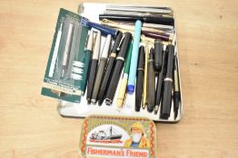 A tray of fountain, ballpoint and pencils all spares and repairs, includes Parker, Swan and