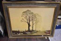 A large picture in ochre hues depicting a man and his dog walking along a foggy snowy lane measuring