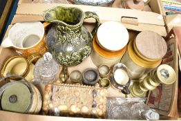 An Arthur Wood olive green ceramic jug, two stoneware storage jars and a similar jug, a brass