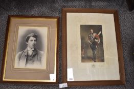 A print of a portrait of Hugh Cecil Lowther the 5th Earl of Lonsdale with the Lowther crest to the