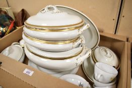 Five Losol Ware tureens including matching tureen saucer and meat plate, four white Churchill dinner