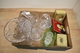 A large cut glass basket and three smaller similar, a large cut glass vase and a selection of