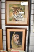 Artist unknown, two 20th century mixed medias (watercolour and coloured chalks) study of a Tawny owl