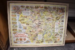 A print of a pictorial map depicting England's Lakes and Fells showing Cumberland, Lancashire and