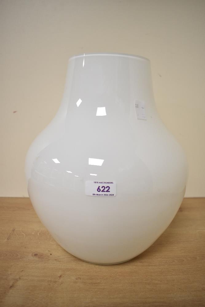 A large white glass vase of bulbous form 33cm x 26cm.