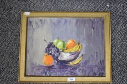 J.R.Livemore (20th Century) Still life study, a bowl of fruit on purple background, signed lower