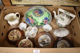 Two mounted pratware pot lids featuring illustrations of clipper ships, a vintage Meissen