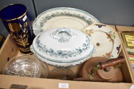 A vintage gas hob copper kettle, a large blue glass vase having gilt floral decoration, hree glass