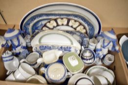 A carton of assorted blue and white ware including a Coalport 'Willow' rectangular scalloped