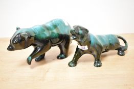 Two Blue Mountain pottery style animal studies bear and panther, measuring 13cm and 12cm tall,