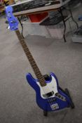 A Fender Squier Jazz bass in blue finish, serial number ICS18128656, dates from 2018 according to
