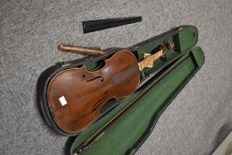 A traditional violin, probably early 20th century, having two piece back , approx. 14', interior