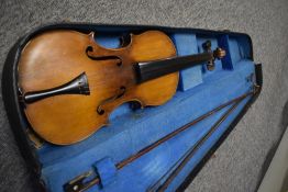 A traditional violin, probably early 20th century, having two piece back , approx. 14', interior