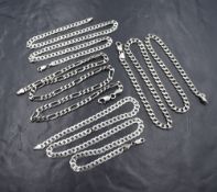 Three silver curb link chains and a figaro link chain, damage to two clasps, approx 64.5g