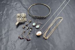 A small selection of silver and white metal jewellery stamped 925, including bangle, earrings,