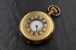 A gold plated side wound half hunter pocket watch by Waltham, movement: 18358878, having a Roman