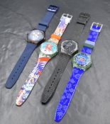 A group of four Swatch watches, comprising Yuri, High Beam, Lazuli and Frische Fische, all in Swatch