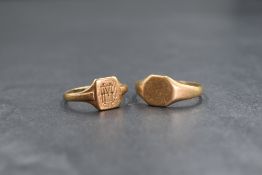 Two 9ct rose gold signet rings, one having worn monogram, the other bearing ME monogram, sizes Q &