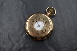 A 9ct gold side wound half hunter pocket watch by Waltham, movement: 27633695, having a Roman