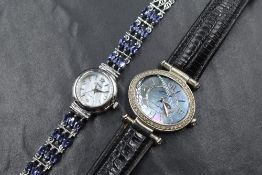 Two lady's silver wrist watches retailed by Gem's TV, one having mother of pearl face and iolite