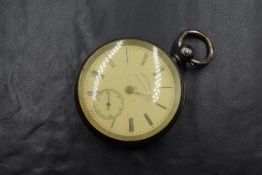 A Victorian silver key wound pocket watch having a Roman numeral dial with subsidiary seconds on a