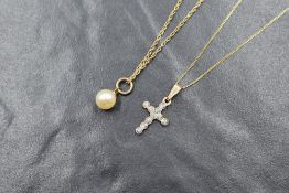 A 9ct gold 18' fine link rope chain with small cultured pearl pendant and a 16' 9ct gold fine curb
