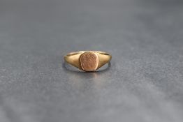 A 9ct gold signet ring, having a small square panel of plain form, marked 9ct, ring size K-I, 1.5g