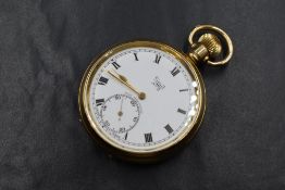 A gold plated Limit top wound open face pocket watch, the white dial having Roman numerals and