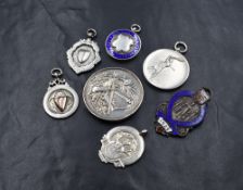 Six HM silver medallions including Darts, Football & Tennis interest, an East Lancashire Masonic