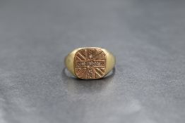 A 9ct gold diamond set signet ring, the square panel having the Union Jack flag, the central cross