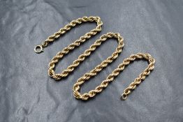 A 9ct gold rope link chain, marked 375, 43cm, 21.1g