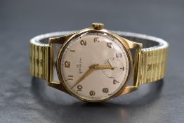 A 9ct gold Zenith wristwatch, the champagne dial having Arabic numerals and subsidiary dial,