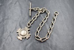 A short silver watch chain with T bar and medalion re: Belle Vue Zoological Gardens, approx 44.6g