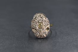 A yellow metal diamond plaque ring having 14 old cut diamonds, total approx 1ct (1 stone missing) in