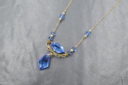 A vintage 9ct gold and paste set necklace, the 9ct gold chain having blue paste and pearl