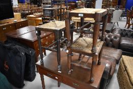 A group of three rush-seated stained wood stools, largest 46cm x 36cm x 28cm