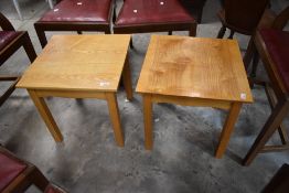 A pair of attractive modern ash occasional tables, of square outline with shaped rails and square