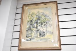 A 20th-century framed water colour of a rural scene, featuring a small stone built building