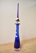 A tall 20th-century Italian Hans Geismar Empoli-style glass decanter, featuring deep blue and purple