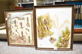 A 20th century Chinese river landscape with a junk boat and small houses beneath mountains, signed