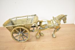 A early 20th-century brass decorative horse and cart figurine, unmarked, 41cm, condition is