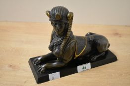 Thought to be mid to late 19th-century French Egyptian Revival-style bronze sphinx sculpture,